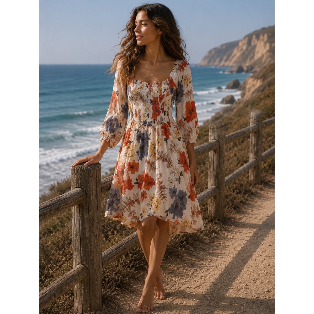 Hayden Los Angeles Floral Smocked Dress Womens Large Rust Blue Mini HY6517